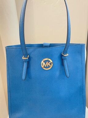 Michael Kors Bright Blue Saffiano Leather Tote with Gold MK Accent